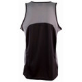 Back view of black and grey contrast athletic singlet with mesh upper panel and smooth lower body