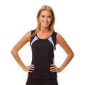 Black athletic singlet with sky blue contrast panels at shoulders and neckline