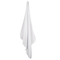 White organic cotton hooded baby blanket hanging vertically showing soft textured fabric