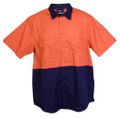 High-visibility orange and navy two-tone work shirt with twin chest pockets and contrasting collar