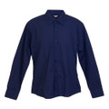 Navy long sleeve men's business shirt with pointed collar, button placket, and single-button cuffs