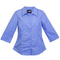 Cornflower blue women's button-front business shirt with three-quarter sleeves and spread collar