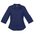 Navy women's business shirt with three-quarter sleeves, button front, and a tailored collar — flat lay packshot