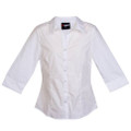 White women's business shirt with three-quarter sleeves and button-front closure