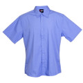 Cornflower blue men's short sleeve business shirt with point collar and button placket, flat lay packshot
