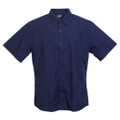Navy blue men's short sleeve business shirt with point collar and button-front placket, flat lay packshot