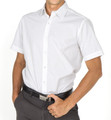 Man wearing white short sleeve business shirt with point collar, button front, and chest pocket