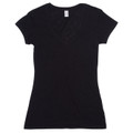 Black ladies v-neck t-shirt with short sleeves and slim fit silhouette in raw-weave fabric