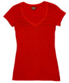 Bright red women's fitted v-neck tee with short sleeves and raw-weave texture