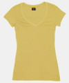 Pale yellow women's v-neck tee with short sleeves and slim fit silhouette in raw-weave fabric