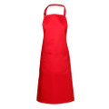 Red full bib apron with adjustable neck strap and front patch pocket, plain flat panel