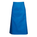 Royal blue long waist apron with wide waistband and front pocket, flat lay packshot