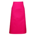 Hot pink long waist apron with wide waistband and single front patch pocket, flat lay packshot