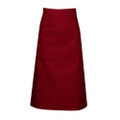 Crimson red long waist apron with wide waistband and smooth flat front panel, packshot on white