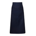 Navy long waist apron with wide waistband and single front pocket, flat lay packshot