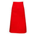 Red long waist apron with wide waistband and single front pocket, flat lay on white