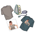 Iron-on transfer paper process showing taupe tee, cartoon iron, photo print, and finished slate blue tee with printed graphic
