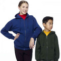 Royal blue and olive green heavy-duty zip-up hoodies with drawstring hoods modeled on white background