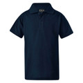 Navy blue kids pique polo shirt with ribbed collar and two-button placket, flat lay packshot