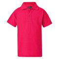 Hot pink unisex polo shirt with collar and button placket, smooth pique fabric construction