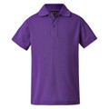 Purple unisex short sleeve polo shirt with two-button placket and ribbed collar, flat lay packshot