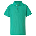 Emerald green kids pique polo shirt with two-button placket and ribbed texture, flat lay packshot