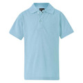 Sky blue kids pique polo shirt with flat collar and two-button placket, packshot