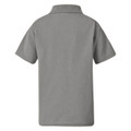 Back view of a stone grey unisex short sleeve polo shirt with textured pique fabric and fold-down collar