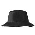 Black bucket hat with wide brim and smooth crown panel, side profile view