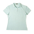 Pale mint women's polo shirt with v-neck placket and short sleeves on white background
