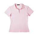 Soft pink short sleeve polo shirt with classic collar and v-neck placket on white background