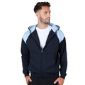 Navy zip-up hoodie with light blue contrast panels on shoulders and hood, full front zipper