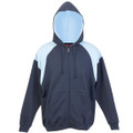 Navy zip-up hoodie with sky blue contrast panels on hood, shoulders and upper chest