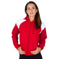 Red zip-up hoodie with white contrast panels on shoulders, featuring full-length front zipper and drawstring hood
