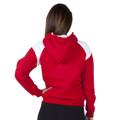 Red zip hoodie with white contrast panels on shoulders and sleeves, rear view showing hood detail