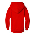 Back view of a red adults unisex pullover hoodie with ribbed cuffs and hem, large hood, plain back panel