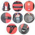 Red and black backpack detail shots showing bungee cord, buckle, water bottle pocket, zip and earphone port features