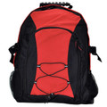 Red and black padded backpack with bungee cord front panel, zip pockets and mesh side pockets