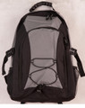 Grey and black padded backpack with bungee cord front detail and mesh side pockets
