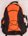Orange and black padded backpack with bungee cord front panel, zip pockets, mesh side pockets and clip buckle straps