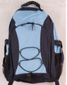 Sky blue and navy padded backpack with front bungee cord system and mesh side pockets
