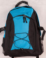 Bright cyan and black backpack with bungee cord front panel and padded straps
