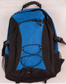 Royal blue and black padded backpack with bungee cord front panel, zip pockets and mesh side pockets