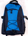 Navy and royal blue backpack with bungee cord front panel, zip pockets, and mesh side pocket