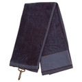 Charcoal grey terry velour golf towel with contrast border trim and metal hook attachment