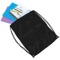 Black drawstring polyester backpack with white contrast piping and metal eyelets