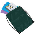 Bottle green polyester drawstring bag with black cord and metal eyelets, shown filled with stationery items