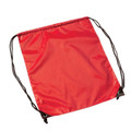 Red polyester drawstring backpack with black cords and metal eyelet reinforcements, flat lay
