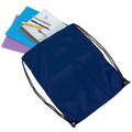Navy blue polyester drawstring backpack with white contrast rope and metal eyelets holding stationery items