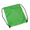 Lime green polyester drawstring backpack with black cord and metal eyelets, flat lay packshot
